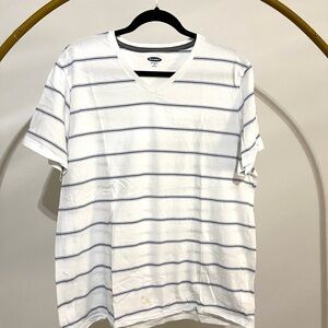 Old Navy White and Blue Striped V-Neck Tee